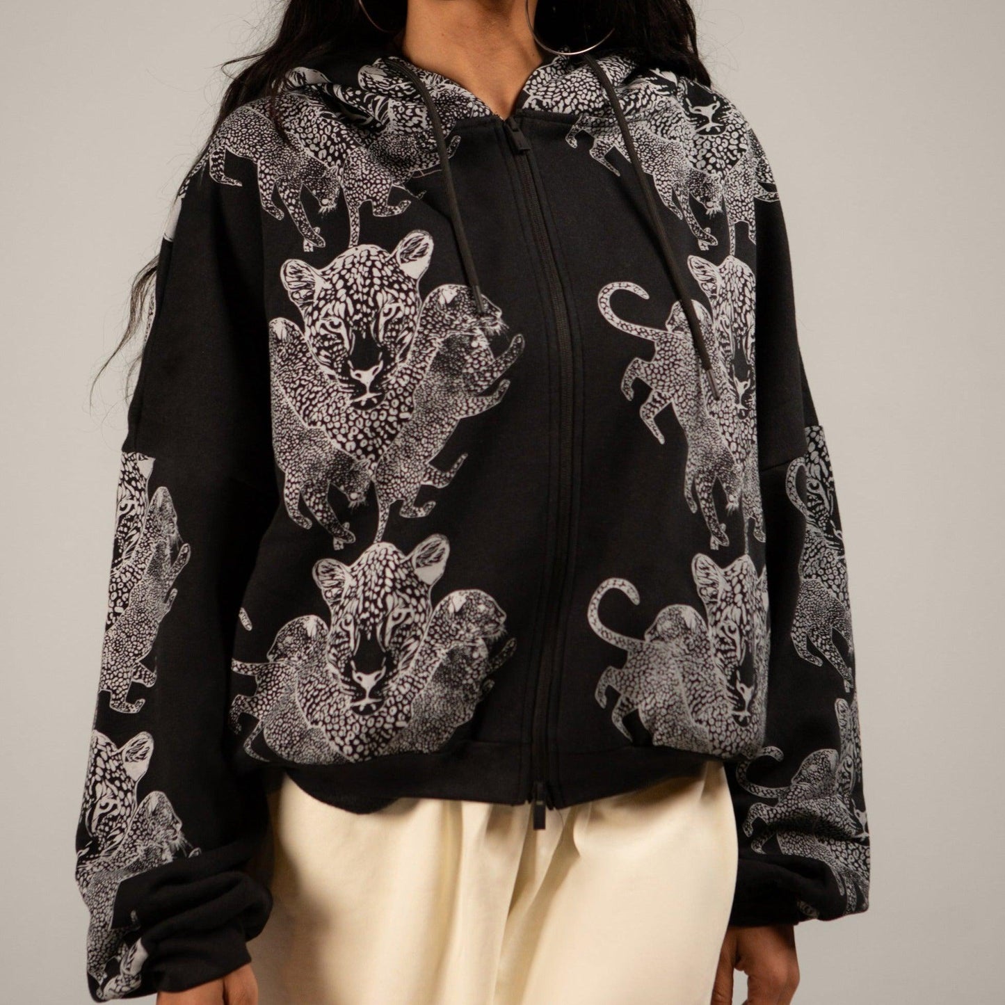 Mango Leopard Long Sleeve Oversized Zipper Hoodie